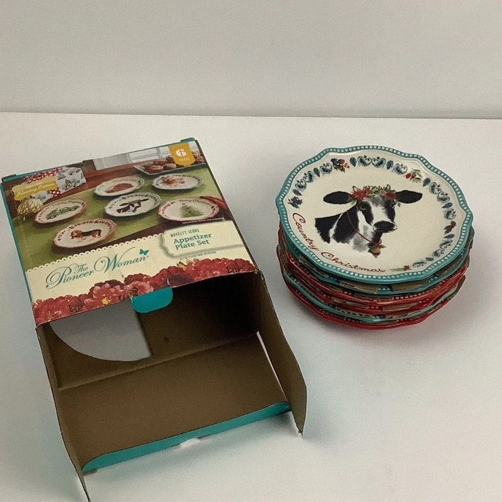 Pioneer Woman Novelty Icons Christmas Appetizer Plate Set 6pc 6.5in Stoneware
